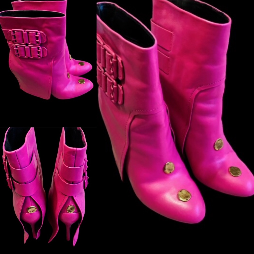 Custom Hot Pink Leather & Gold Booties